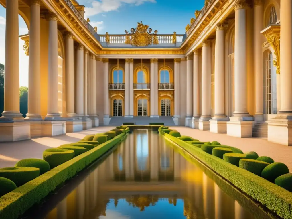 Palacio de Versalles: Imagen opulenta del estilo barroco, con jardines simétricos y reflejo en lago