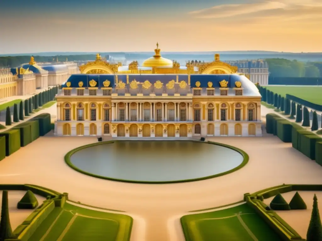 Imagen del opulento Palacio de Versalles en Francia, muestra la grandeza y detalles arquitectónicos