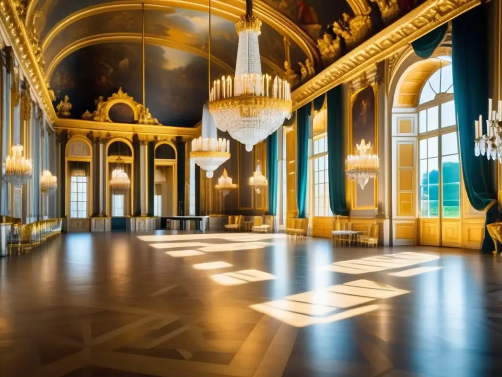 Interior opulento del Palacio de Versalles: salón de baile con candelabros de cristal, molduras doradas y frescos en el techo