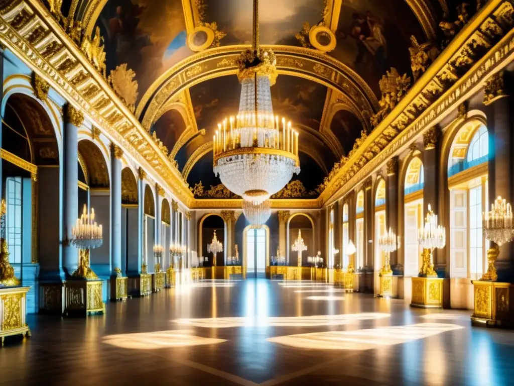 Interior opulento del Palacio de Versalles, con la sala de los espejos y palacetes históricos más opulentos