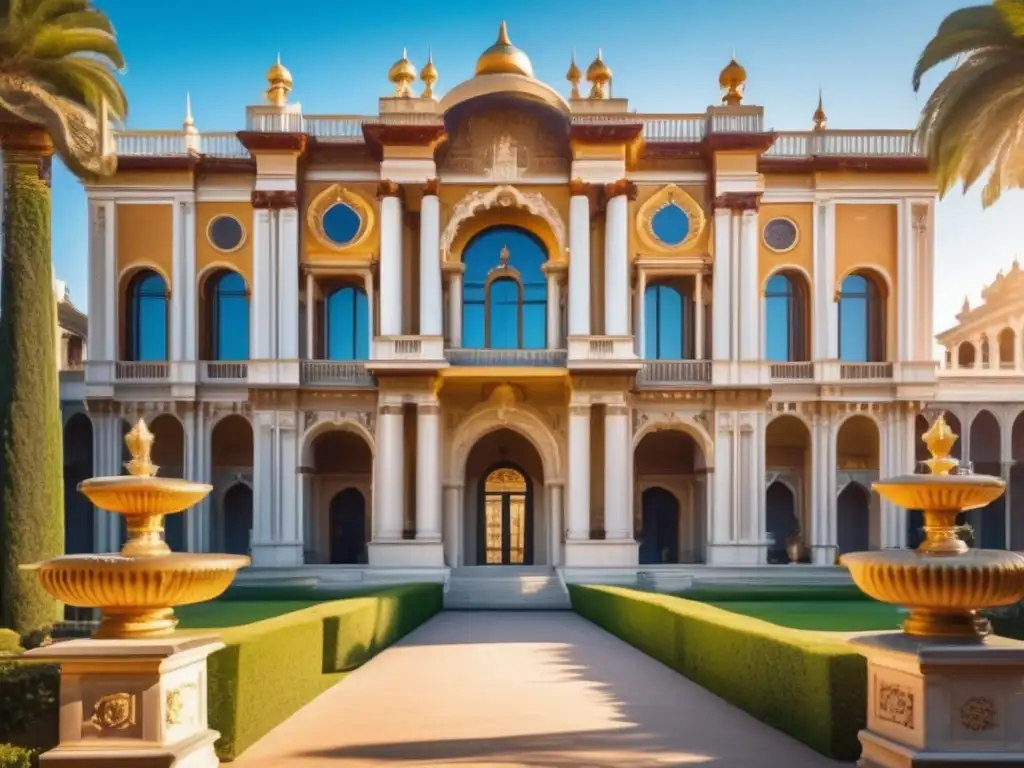 Los palacetes históricos más famosos que puedes visitar - Palacio histórico con detalles arquitectónicos, jardines exuberantes y fuentes elegantes