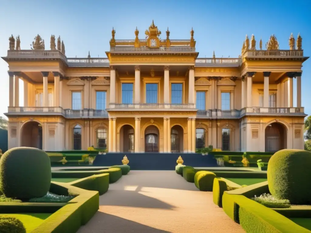 Palacio histórico bañado en luz dorada y rodeado de exuberantes jardines - La grandeza de la antigüedad: Los palacetes históricos más fascinantes