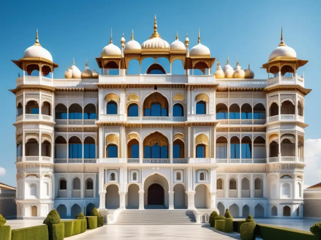 Majestuoso palacio histórico con detalles arquitectónicos, balcones ornados y jardines exquisitos