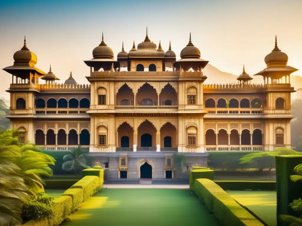 Palacio histórico con detalles arquitectónicos y jardines exuberantes