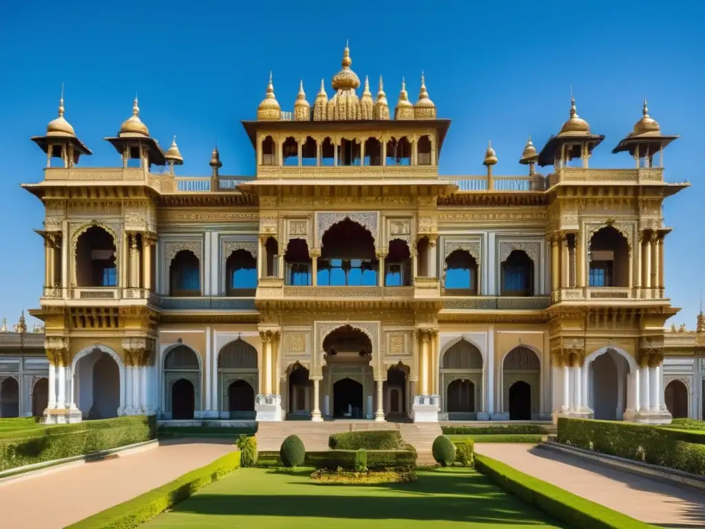 Un majestuoso palacete histórico destacando su belleza arquitectónica y cultural bajo un cielo azul