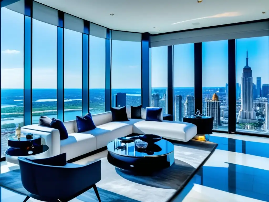 Penthouse de lujo con vistas panorámicas a la ciudad y detalles de opulencia en el interior