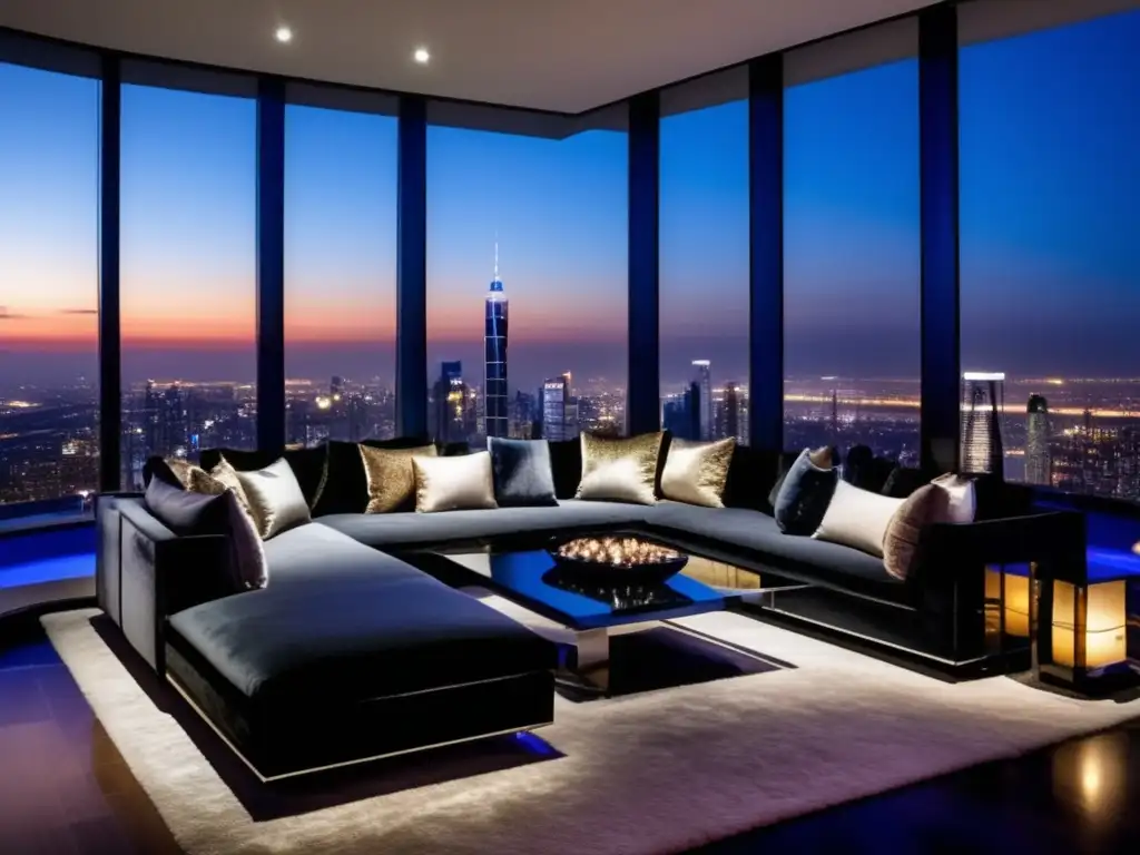 Un penthouse opulento en un rascacielos, con vistas a una ciudad brillante al atardecer