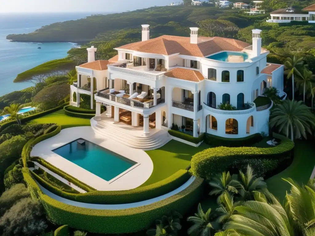 Propiedad lujosa con vistas a la costa, jardines exuberantes y arquitectura elegante