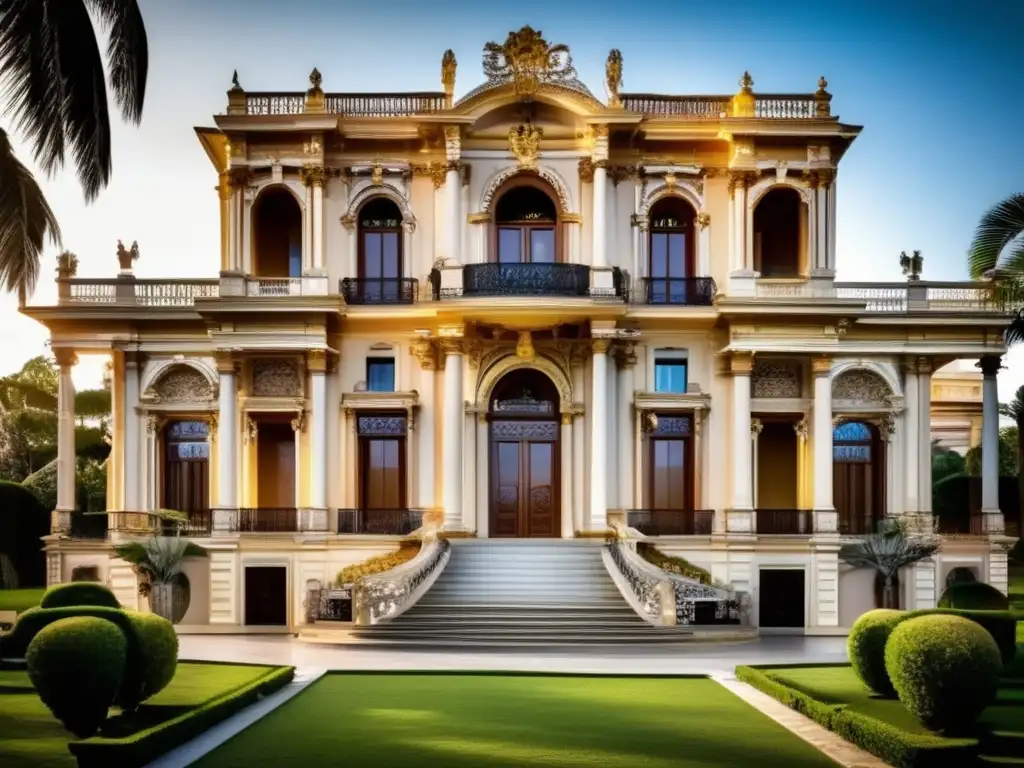 Mansión opulenta con arquitectura neoclásica y barroca, rodeada de jardines majestuosos