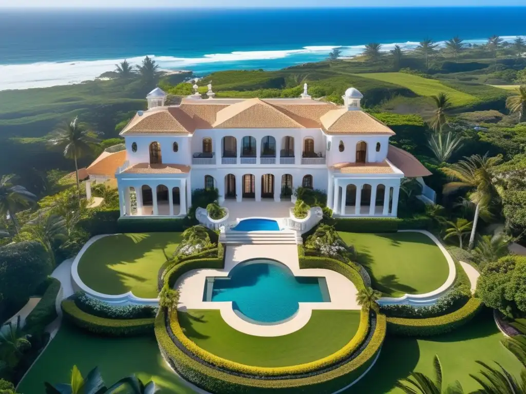 Mansión de lujo con vista aérea rodeada de vegetación exuberante y con vistas al mar azul