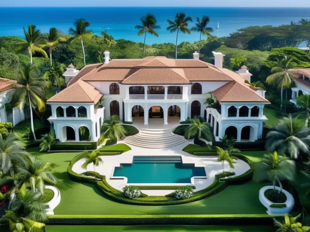 Mansión de lujo en un entorno exuberante y frente al agua, arquitectura imponente y paisajes impresionantes