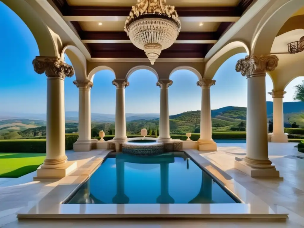 Mansión de lujo rodeada de colinas y cielo azul, con jardín impecable y piscina reluciente