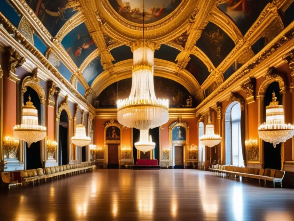 Salón de baile barroco con frescos pintados, chandeliers dorados y muebles ornamentados