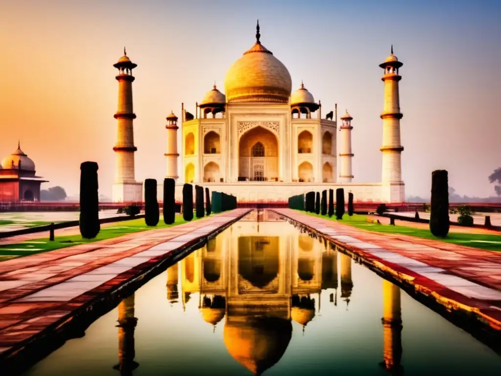 Espléndido amanecer en el majestuoso Taj Mahal, joya arquitectónica con detalles intrincados y jardines exuberantes