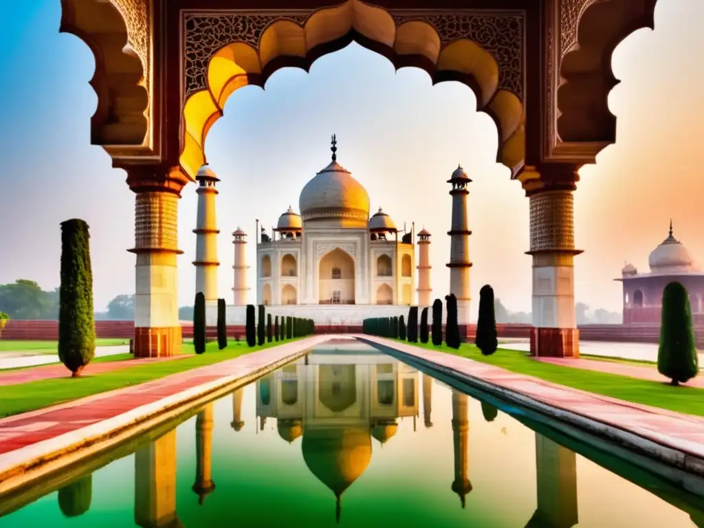 Palacio icónico Taj Mahal, majestuoso en jardines verdes, reflejado en piscina serena