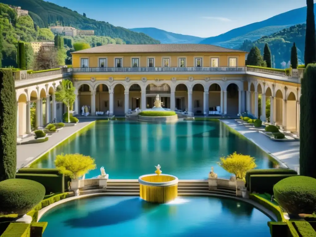 Vista impresionante de la Villa D'Este en Italia con piscina dorada rodeada de columnas y estatuas de mármol - mansiones históricas opulentas