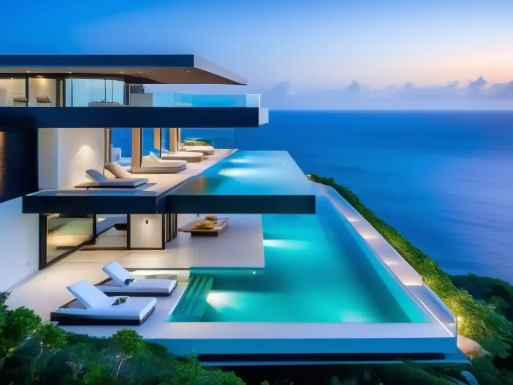 Vista aérea impresionante de una lujosa villa moderna en la costa, con piscina infinita y diseño minimalista que refleja opulencia