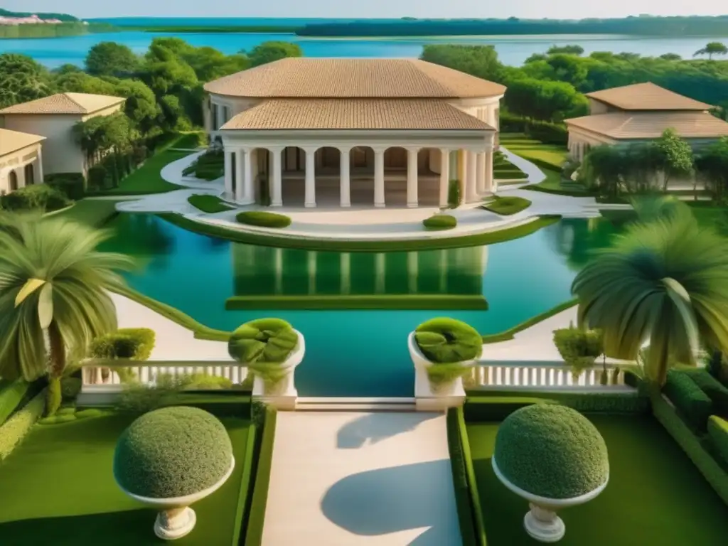 Mansión romana con arquitectura majestuosa y detalles opulentos, rodeada de exuberante vegetación y con vista a un lago sereno