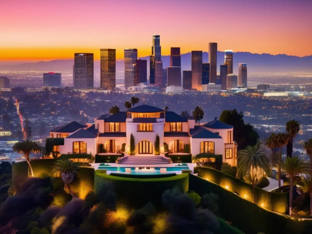 Vista aérea impresionante de Los Ángeles, con su icónica línea de horizonte, rascacielos imponentes y paisaje urbano expansivo