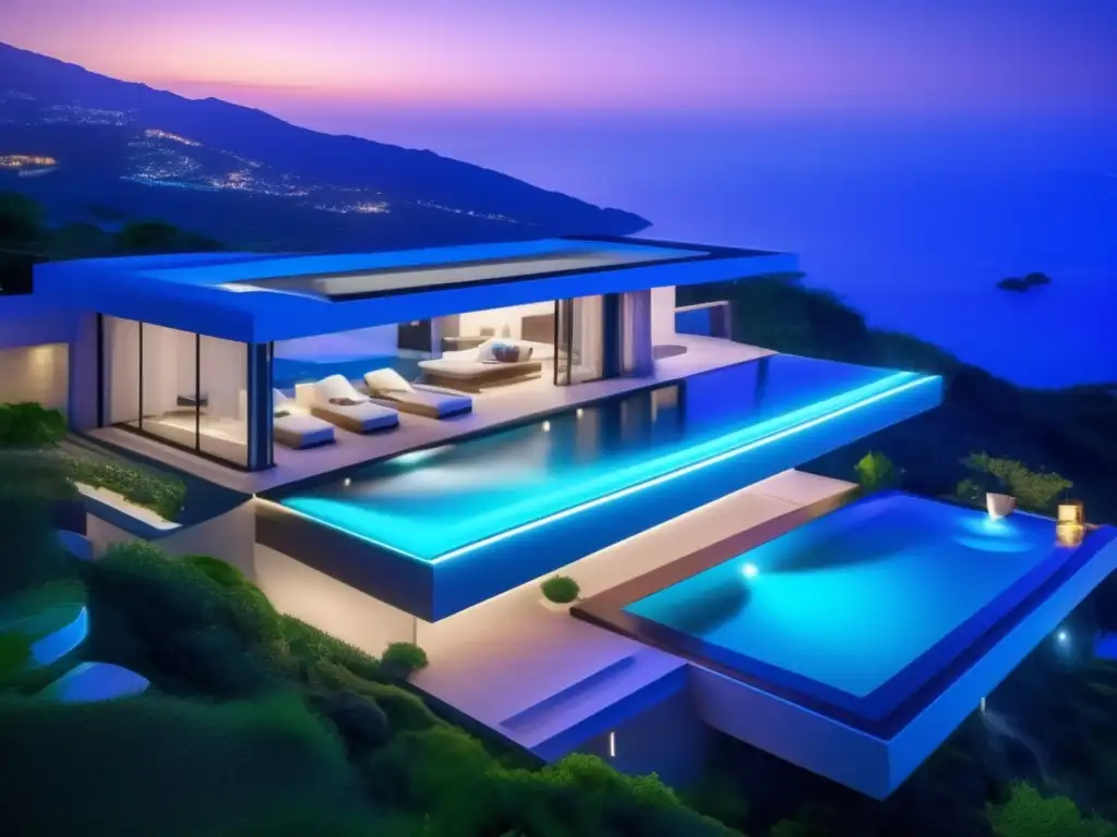 Vista impresionante de una moderna villa de lujo con piscina tecnológica